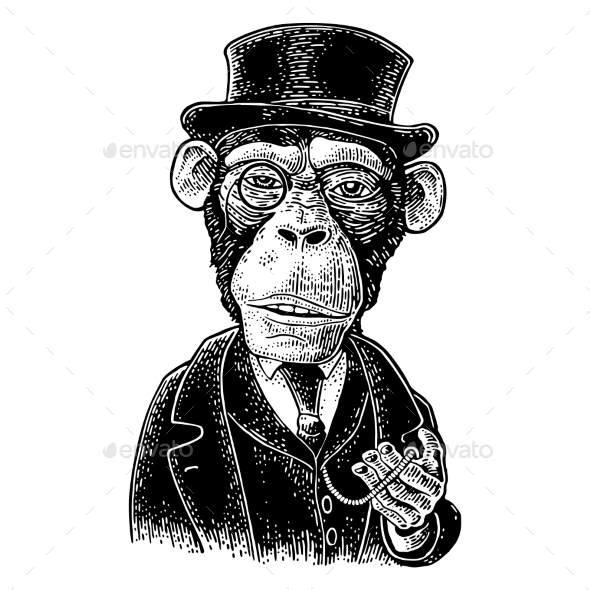 Monkey Gentleman Holding a Watch and Dressed Hat - Animals Characters