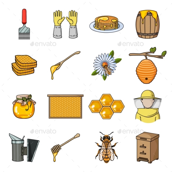Apiary and Beekeeping Cartoon Icons in Set - Miscellaneous Vectors