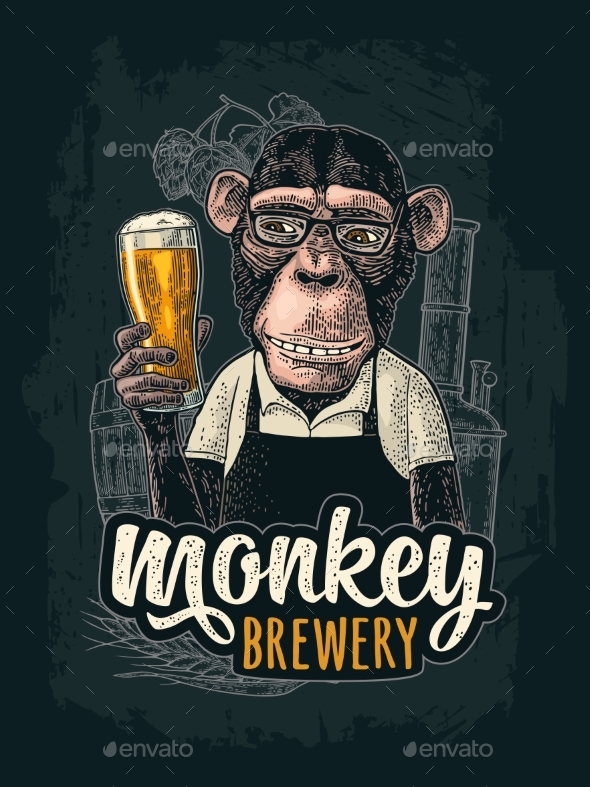 Monkey Dressed in Apron Holding Beer Glass - Animals Characters