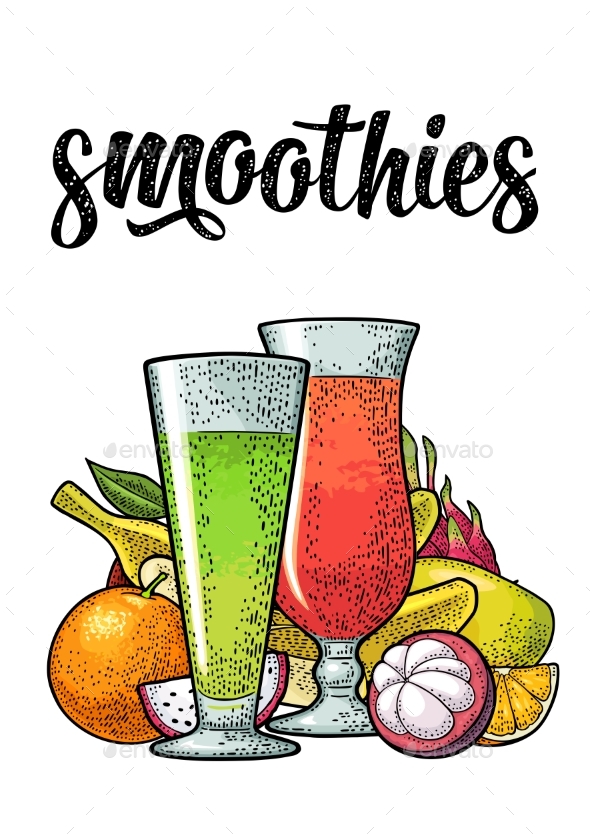 Set of Tropical Fruits and Glasses with Juice - Food Objects