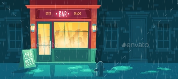 Vector Bar at Night with People - Buildings Objects