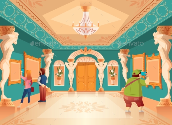 Vector Cartoon Museum Exhibition with Pictures - Buildings Objects