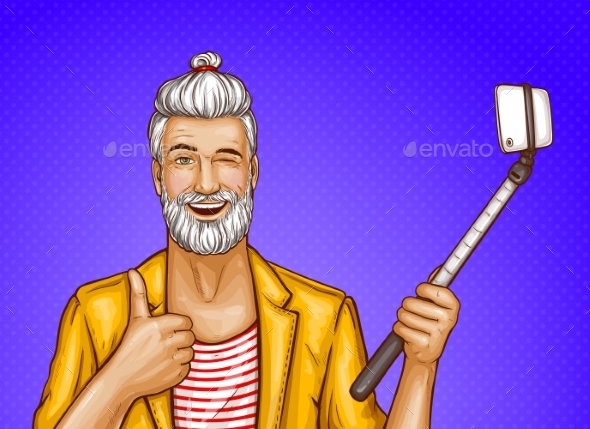 Vector Old Man with Selfiestick and Smartphone - People Characters