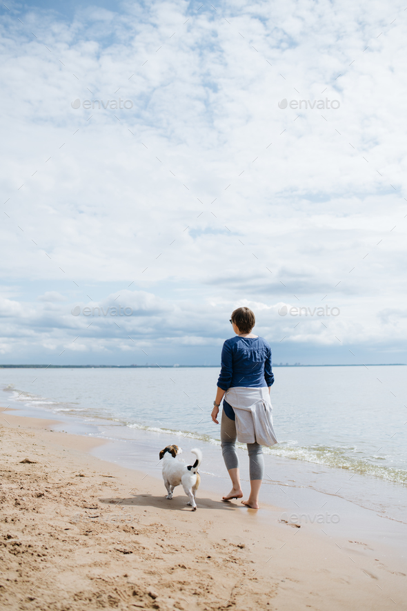 Woman walking with her dog on the sandy beach. Rear view. - Stock Photo - Images