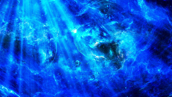 Abstract Space Nebula Background with Rotating Planets and Light Rays