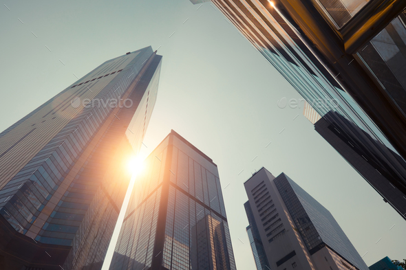 Amazing futuristic cityscape view in sunset. Hong Kong - Stock Photo - Images