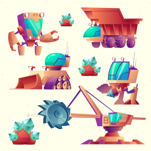 Vector Cartoon Alien Mining Machinery for Planets - Man-made Objects Objects