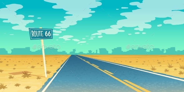 Vector Desert Landscape with Asphalt Route 66 - Landscapes Nature