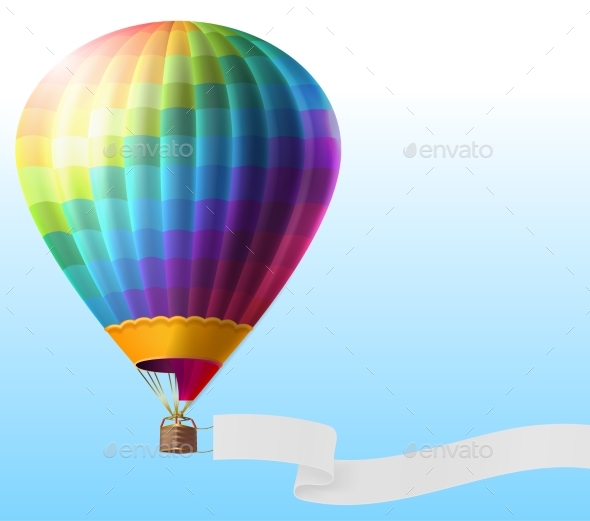 Vector Realistic Hot Air Balloon with Blank Ribbon - Backgrounds Decorative