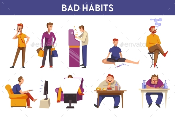 People Bad Habits and Behavior Vector Icons - Food Objects