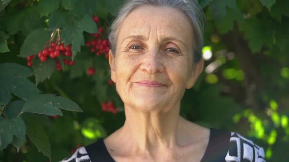 Beautiful Old Grandmother with Grey Hair and Face with Wrinkles is Looking at the Camera with Smile alt