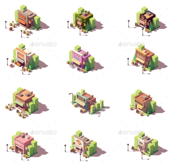 Vector Isometric Shops Icon Set - Buildings Objects