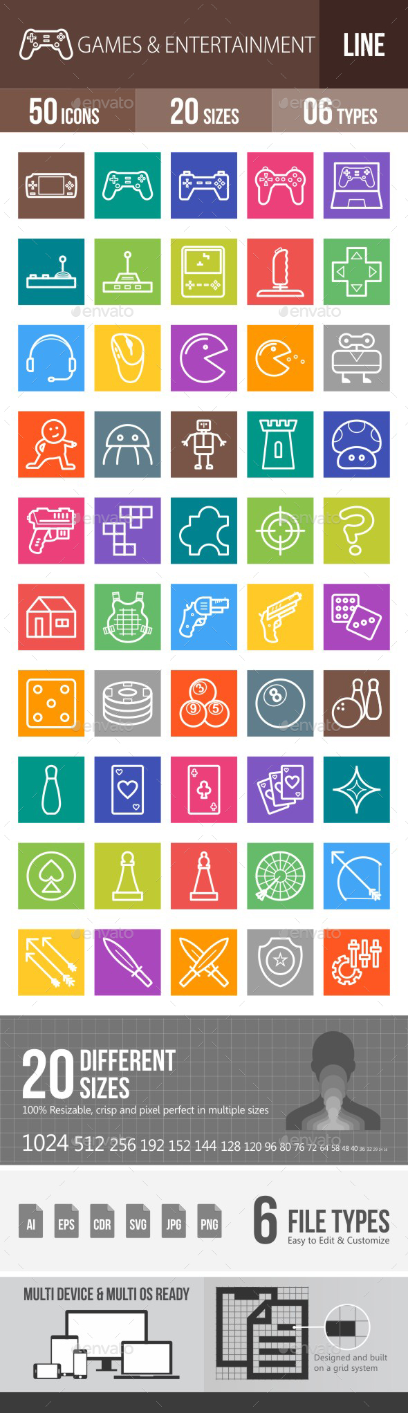 Games & Entertainment Line Multicolor Icons - Icons