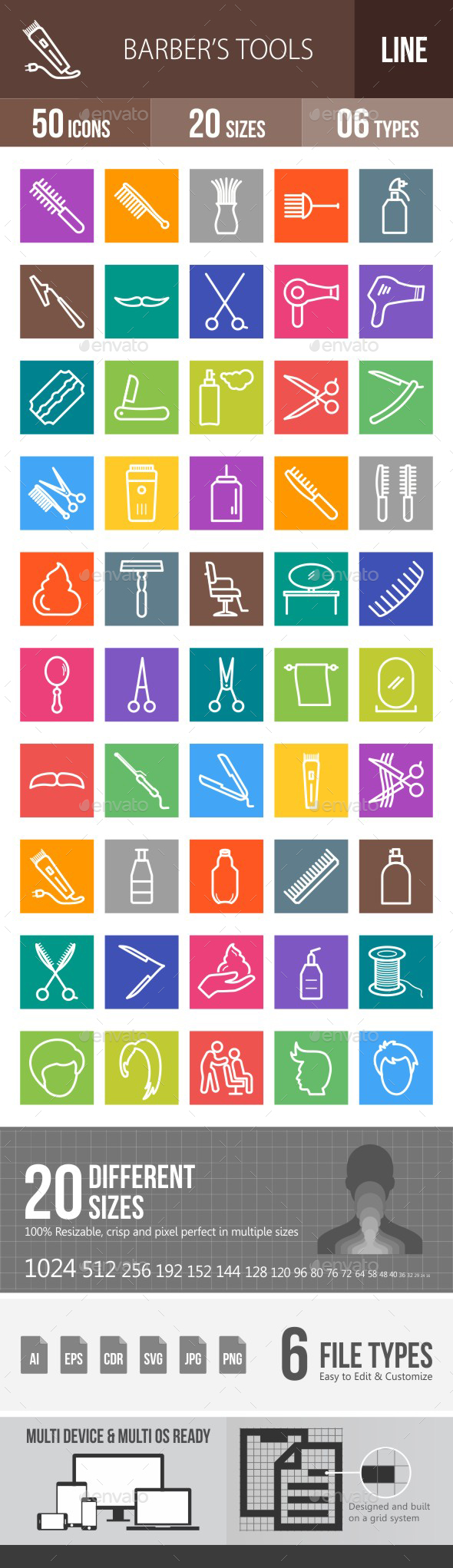 Barber's Tools Line Multicolor Icons - Icons