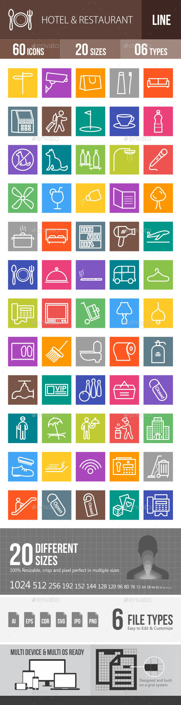 Hotel & Restaurant Line Multicolor Icons - Icons