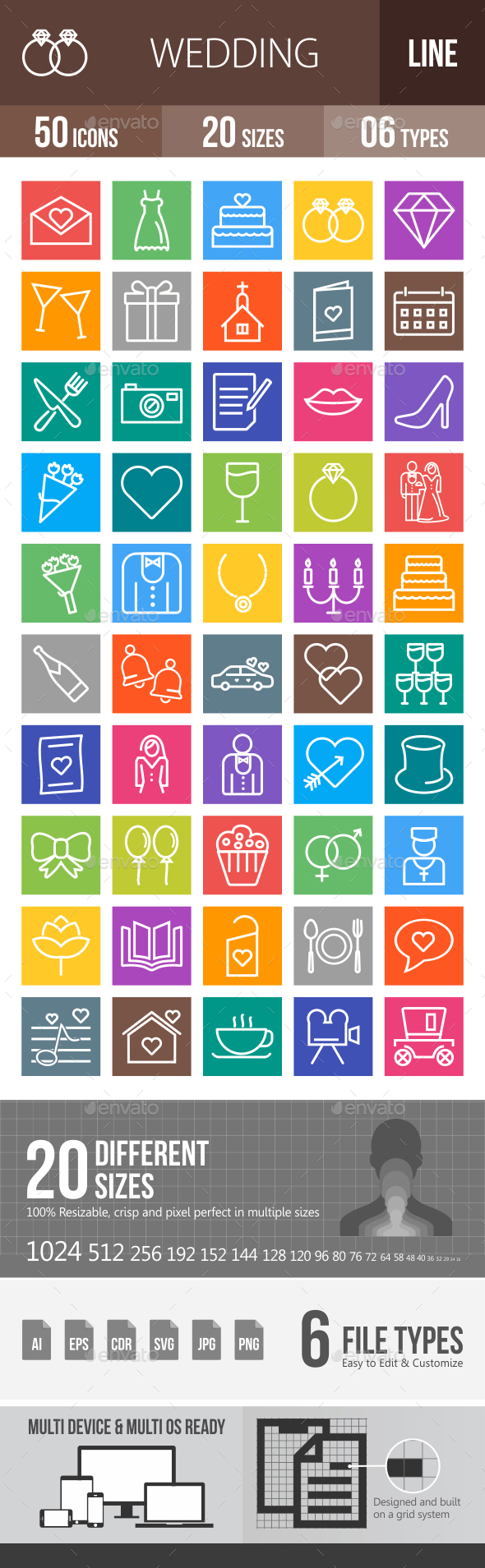 50 Wedding Line Multicolor B/G Icons - Icons
