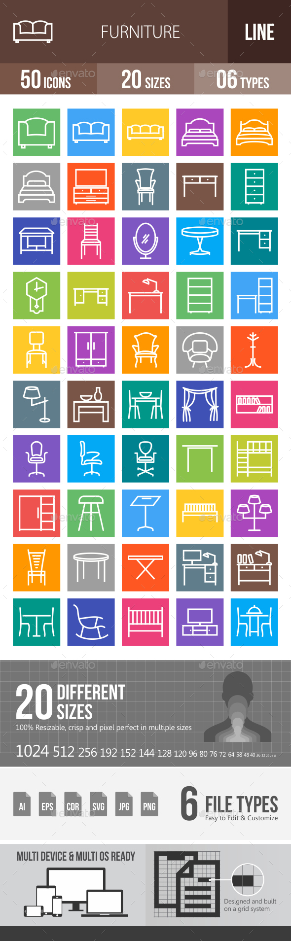 50 Furniture Line Multicolor B/G Icons - Icons