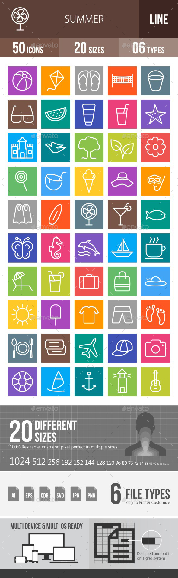 50 Summer Line Multicolor B/G Icons - Icons