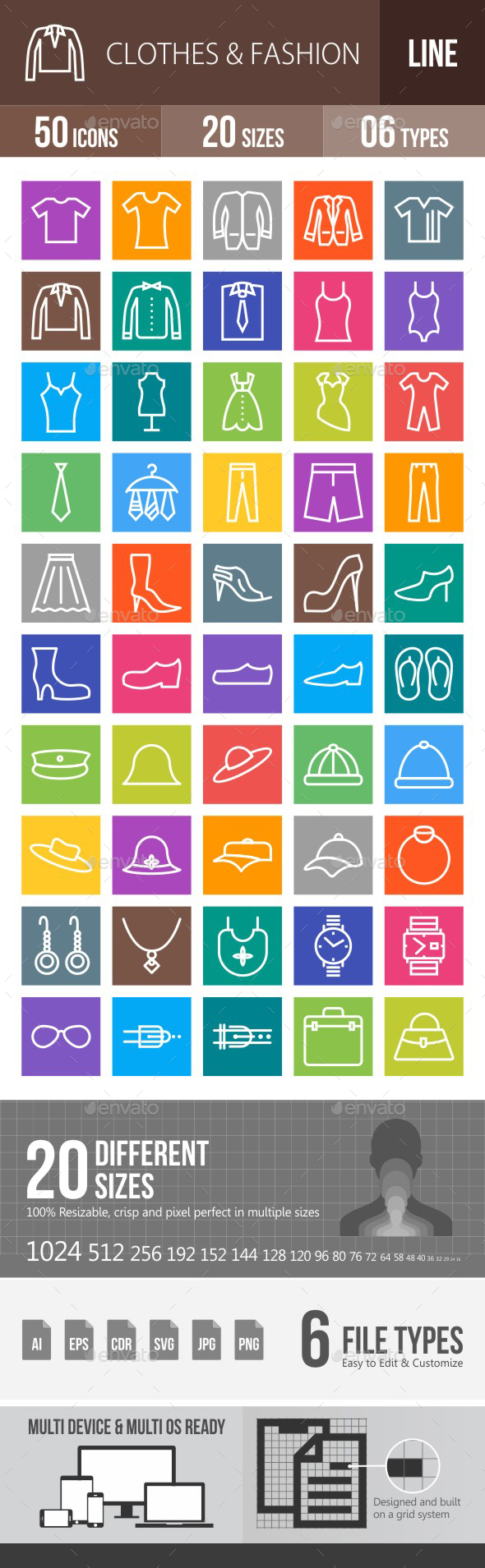 50 Clothes & Fashion Line Multicolor B/G Icons - Icons