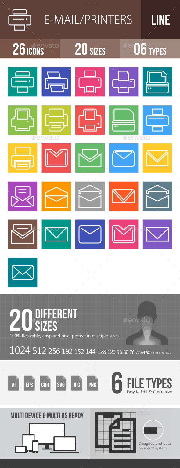 26 Email & Printer Line Multicolor B/G Icons - Icons
