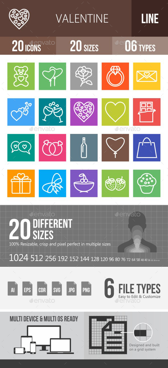 20 Valentine Line Multicolor B/G Icons - Icons