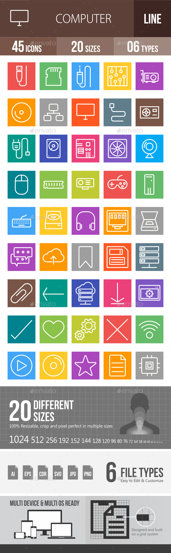 45 Computer & Hardware Line Multicolor B/G Icons - Icons