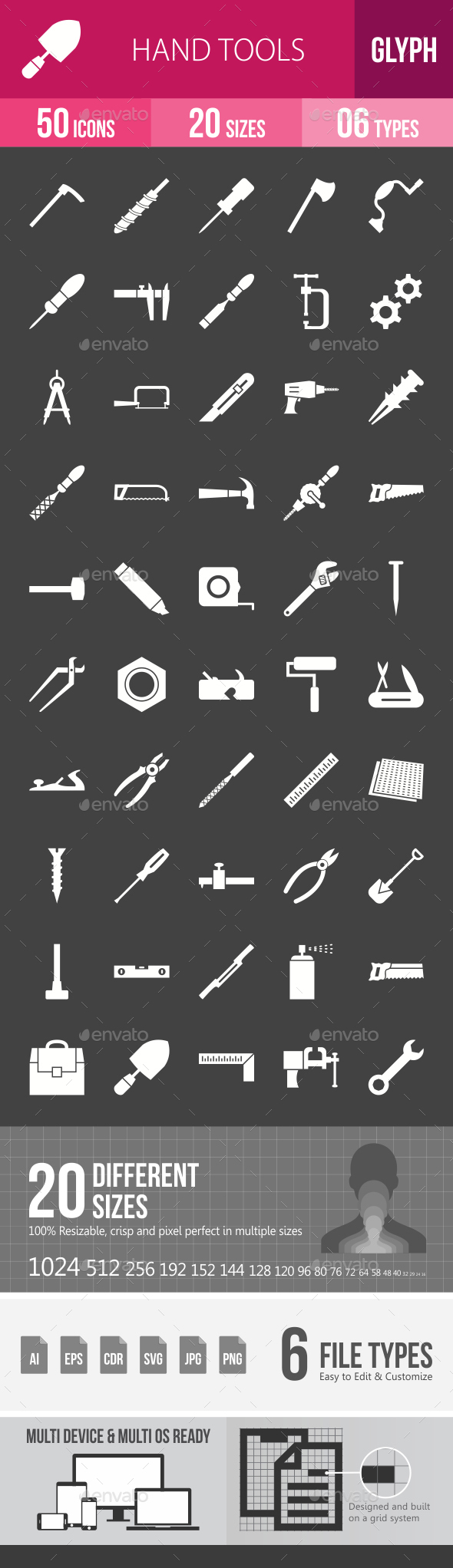 Hand Tools Glyph Inverted Icons - Icons