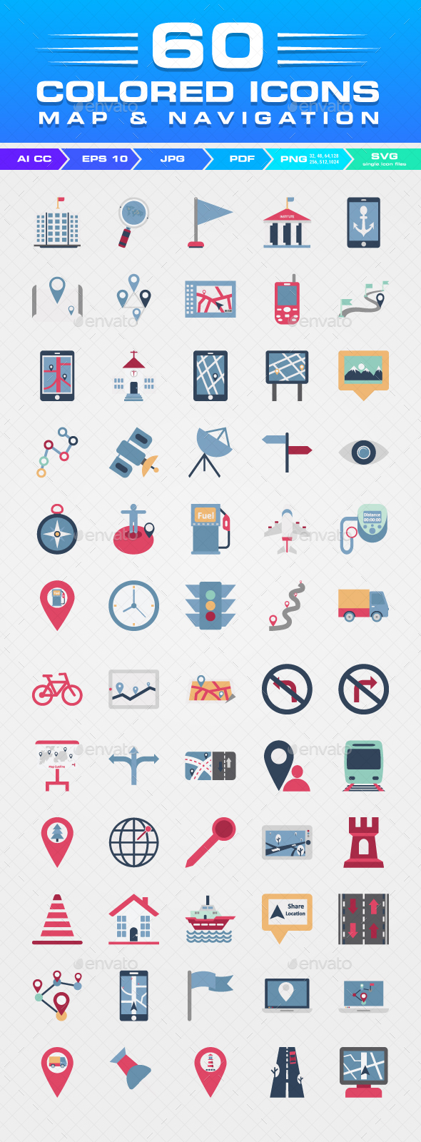 100 Map & Navigation Color Vector Icons Set - Icons
