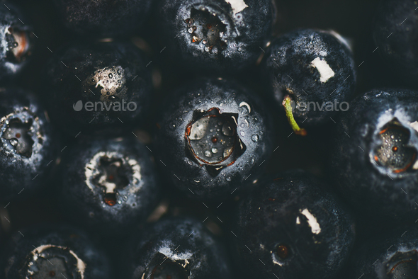 Flat-lay of wet dark forest blueberries, top view - Stock Photo - Images