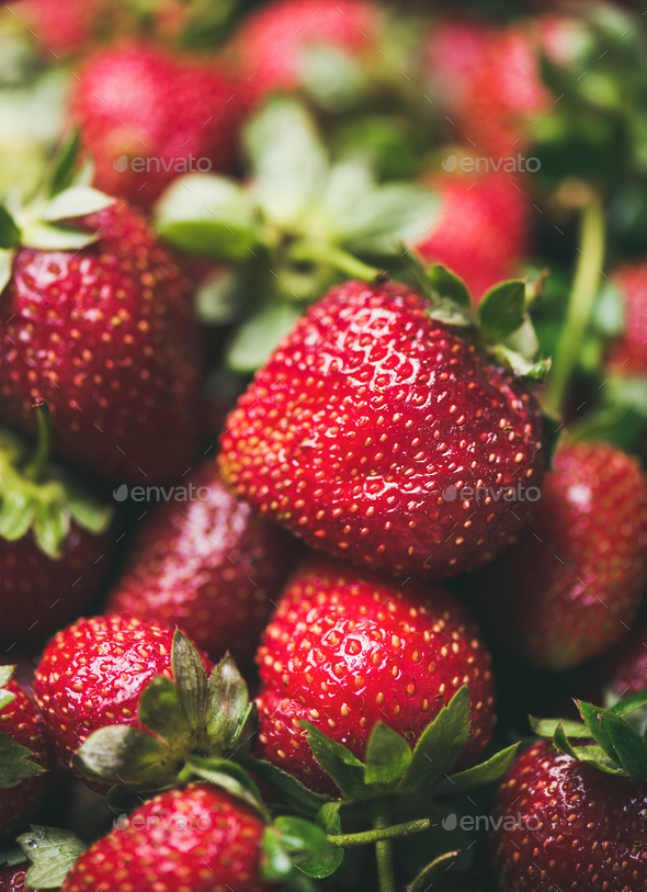 Fresh strawberry texture, wallpaper and background, selective focus Stock Photo by sonyakamoz