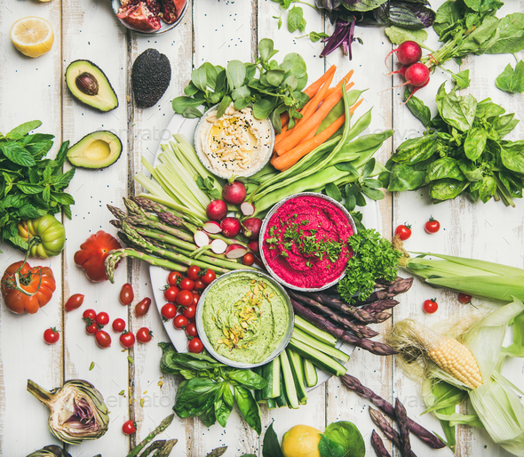 Healthy summer vegan snack plate for vegetarian party, wooden background - Stock Photo - Images