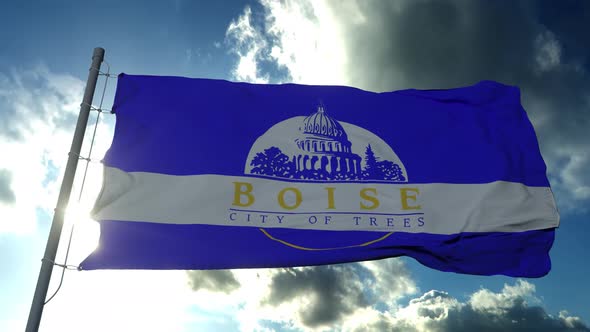 Boise City Flag City of Idaho in USA or United States of America Waving at Wind in Blue Sky alt