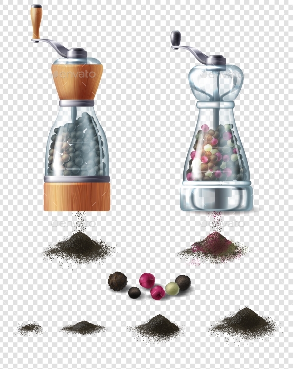 Vector Clipart with Pepper Mills and Peppercorns - Food Objects