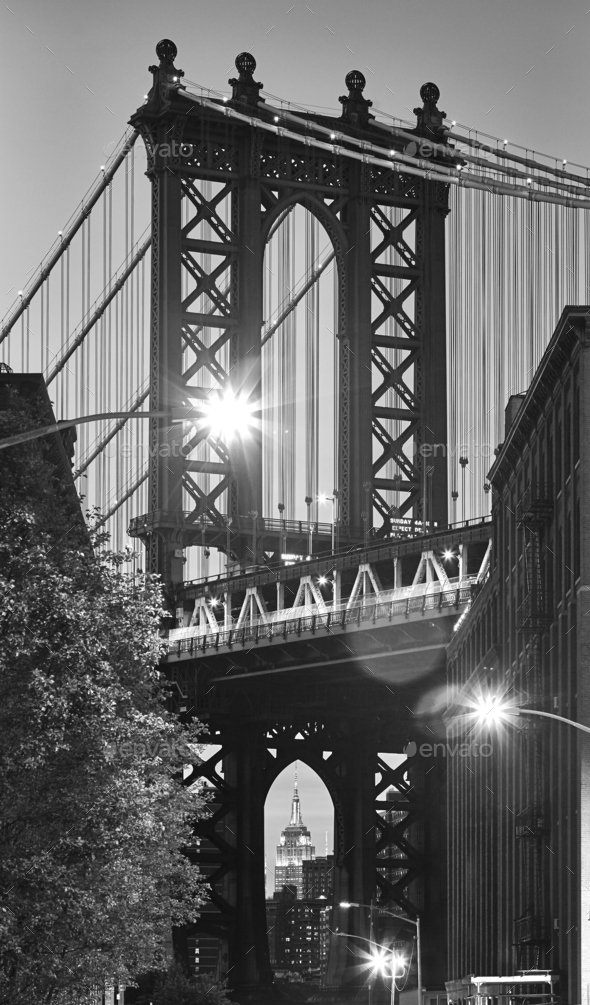 Manhattan Bridge seen from Dumbo at dusk, New York. - Stock Photo - Images