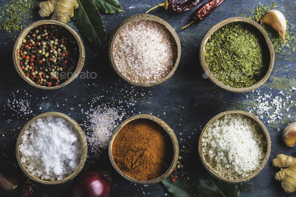 Set of spices on rustic blue background Stock Photo by klenova | PhotoDune