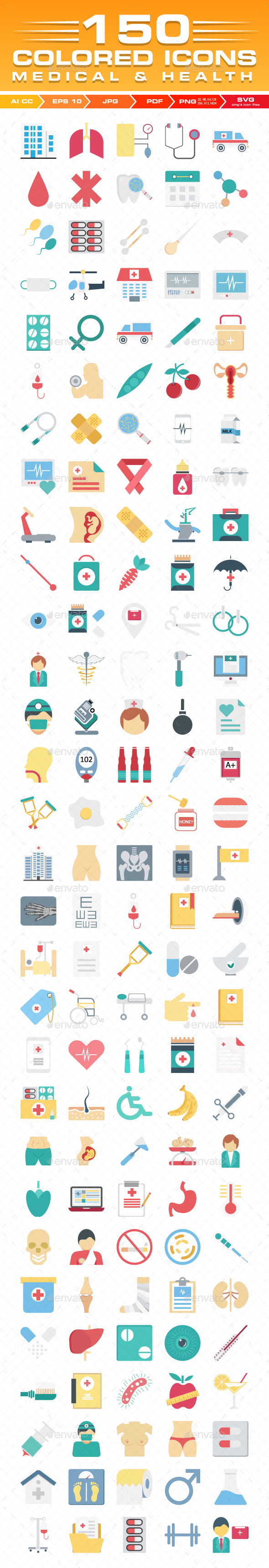 150 Medical and Health Color Vector Icons Set - Icons