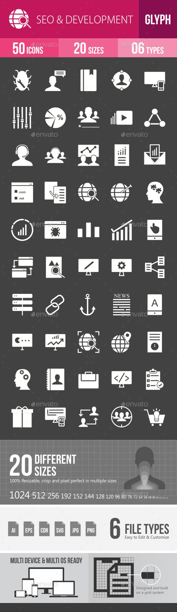 SEO & Development Services Glyph Inverted Icons - Icons
