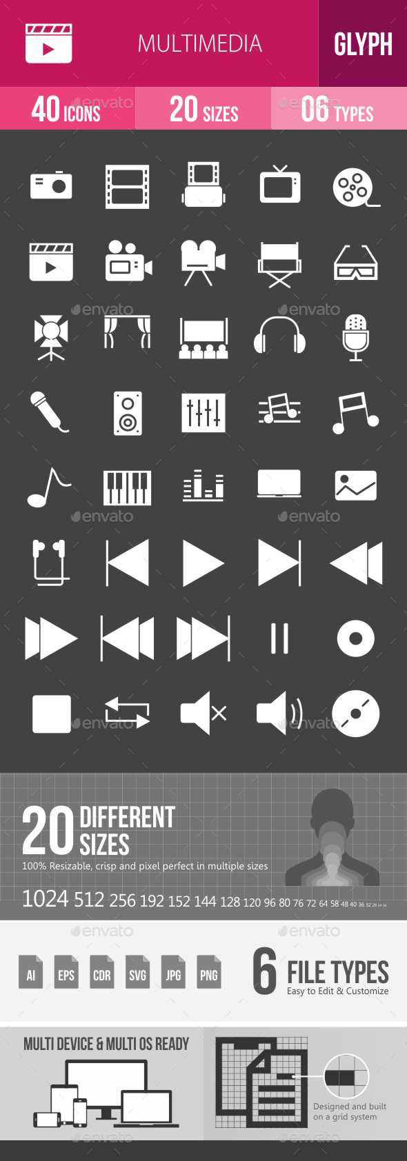 Multimedia Glyph Inverted Icons - Icons