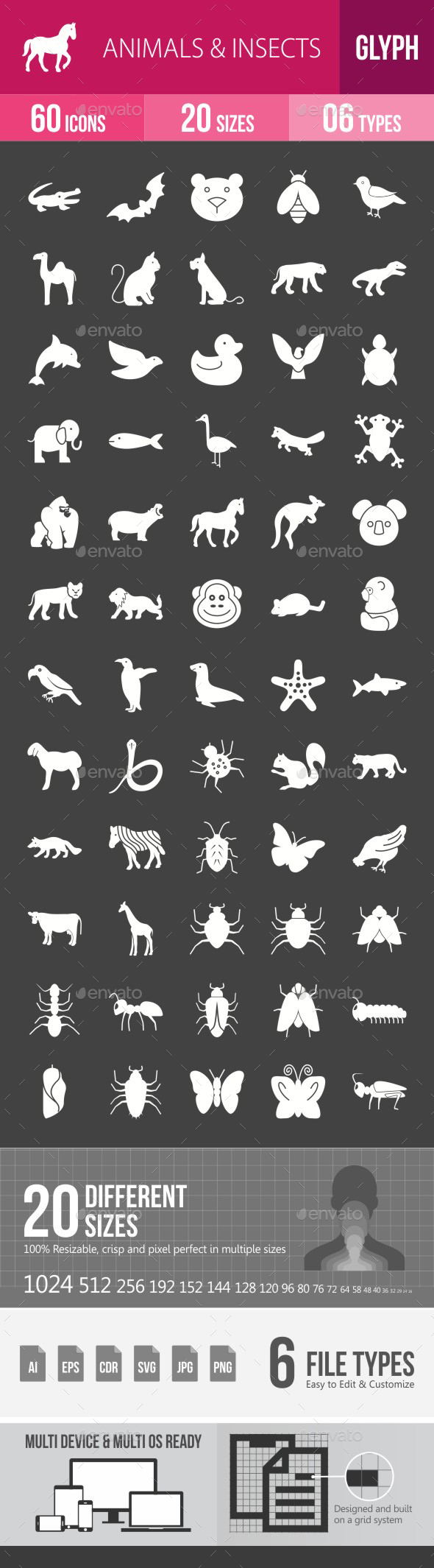 Animals & Insects Glyph Inverted Icons - Icons