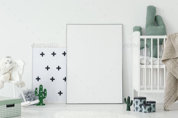 Download Cactus Pillow In White Cradle Next To Empty Poster With Mockup I Stock Photo By Bialasiewicz