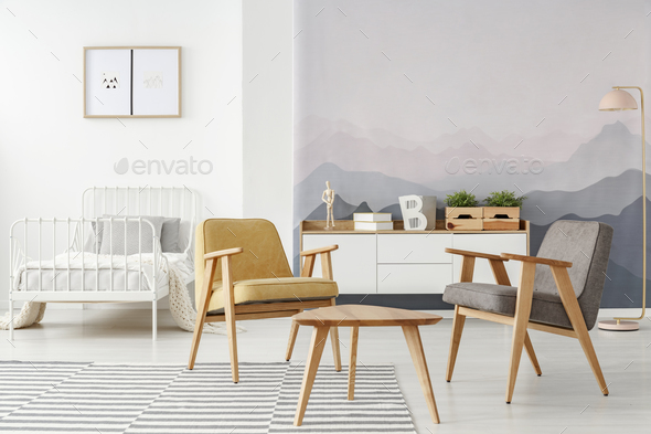 Modern armchairs and white bed - Stock Photo - Images