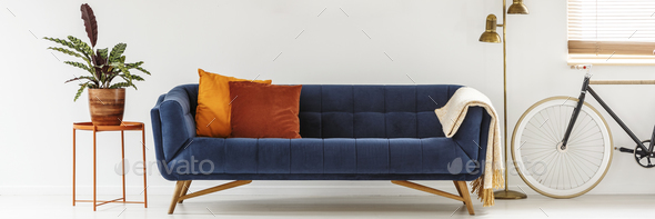 Real photo of a simple living room interior with orange cushions Stock Photo by bialasiewicz