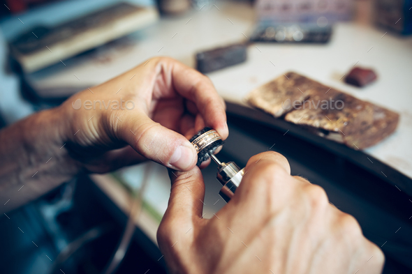 Different goldsmiths tools on the jewelry workplace. Jeweler at work in jewelry. - Stock Photo - Images