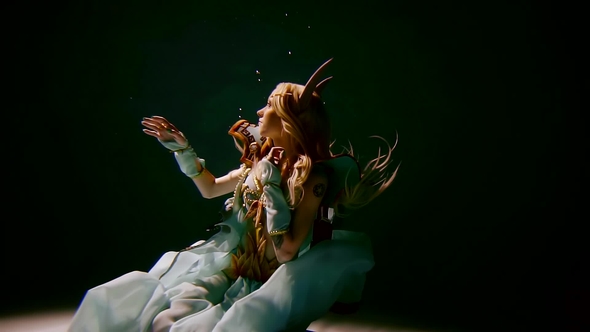 Mysterious Elf Girl with Long White Hair Underwater in Armour and War Dress alt