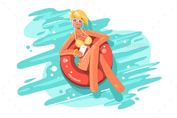 Woman Swim on Inflatable Circle in Pool - People Characters