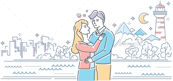Romantic Date - Colorful Line Design Style - People Characters