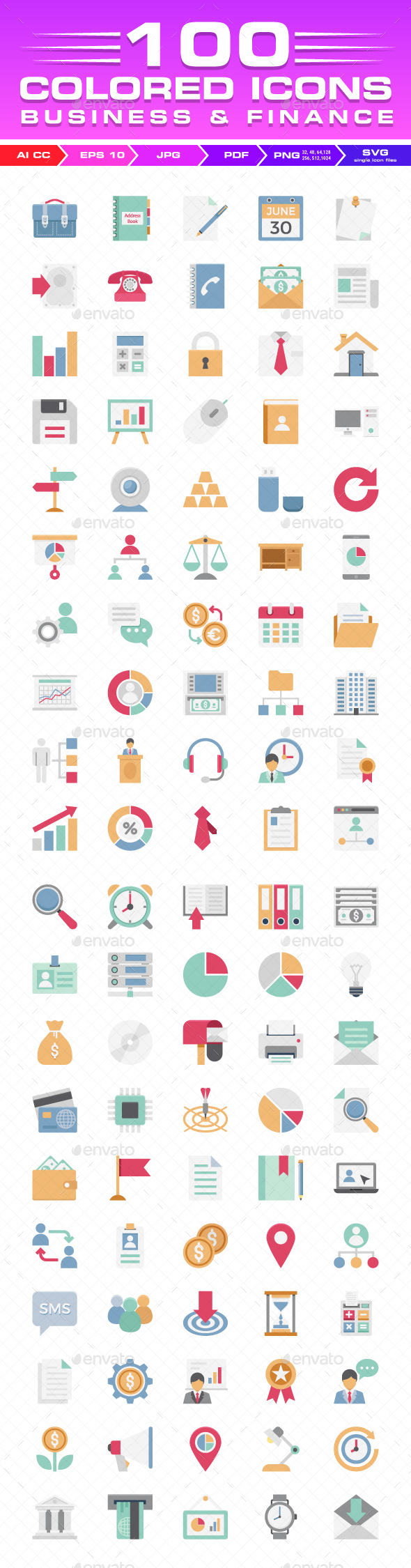 100 Business and Finance Color Vector Icons Set - Icons