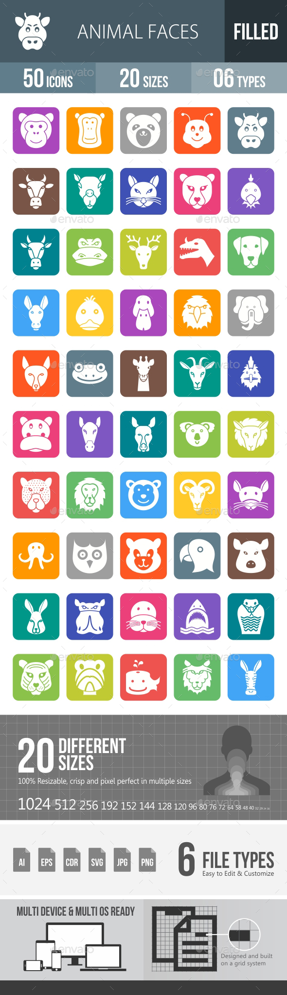 Animal Faces Flat Round Corner Icons - Icons