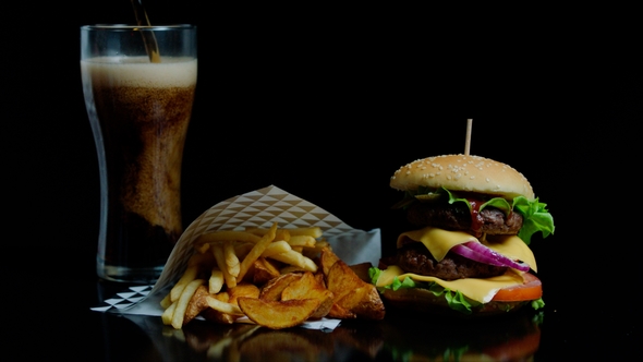 Pouring Glass with Soda and Tasty Burger, French Fries alt