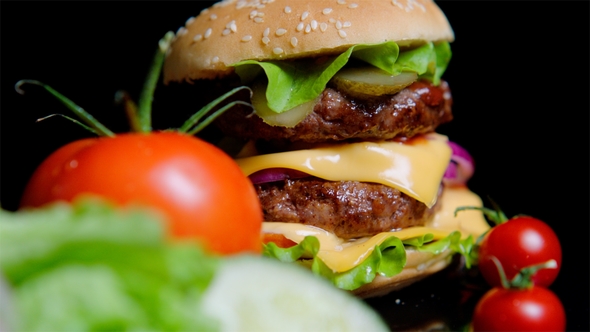 Fresh Greens and Delicious Burger Black Background for Commercial Use alt